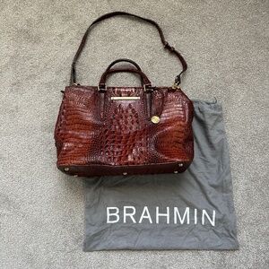 Brahmin Blake Satchel Crossbody in Pecan Melbourne Croc-Embossed Brown Leather